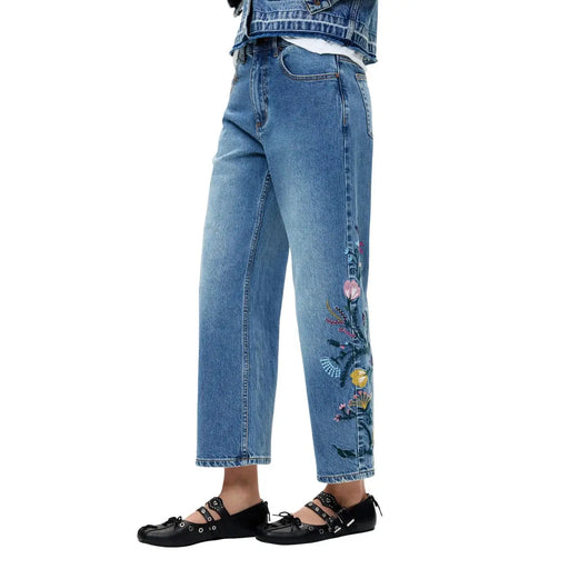 Blaue Baumwolljeans von Desigual mit farbenfroher Blumenstickerei an der Außenseite des Beins für Damen