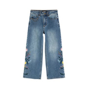 Desigual Damen-Jeans aus blauem Baumwoll-Denim mit farbenfroher Blumenstickerei an den Außenseiten der Beine