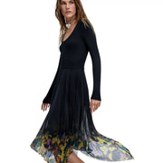 Desigual women dress black viscose long sleeve with round neck and pleated skirt featuring multicolored butterfly print hem