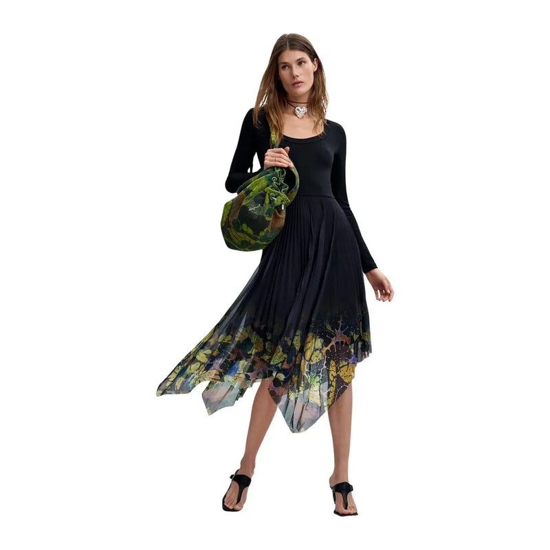 Desigual women dress black viscose long round neck with flowing asymmetrical skirt and green yellow botanical print hem