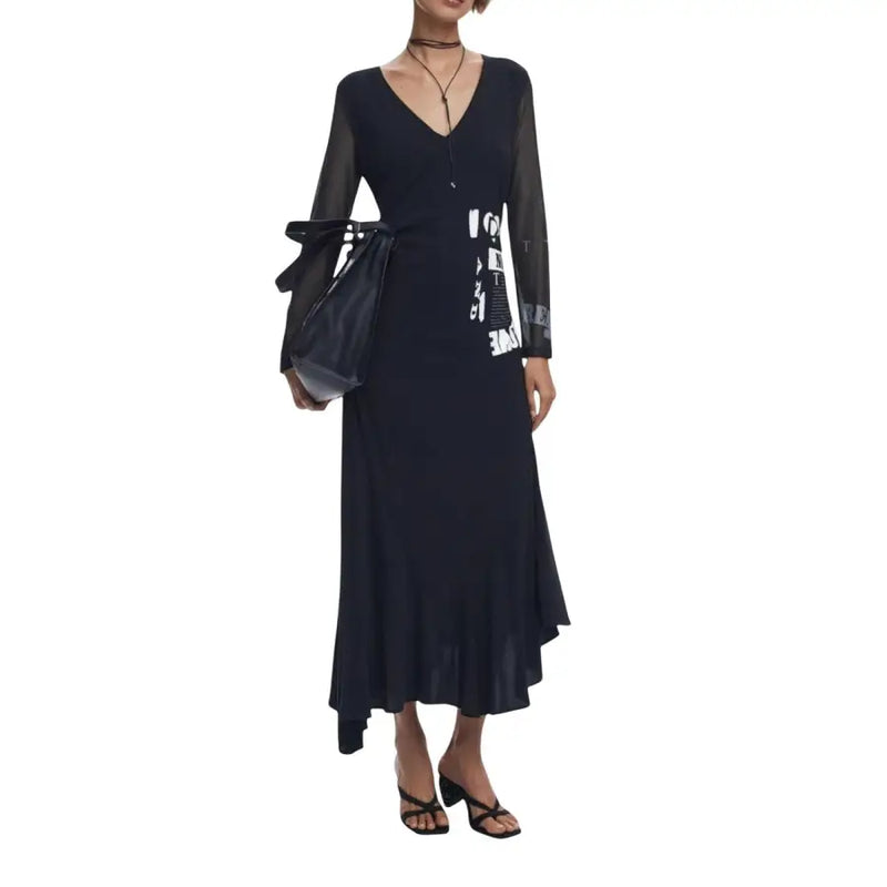 Dark blue V-neck maxi dress with sheer long sleeves and asymmetrical hem for Women