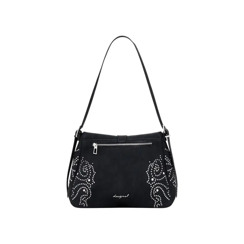 Black shoulder bag with silver studs and zippered pocket for Desigual Women Fall Winter collection