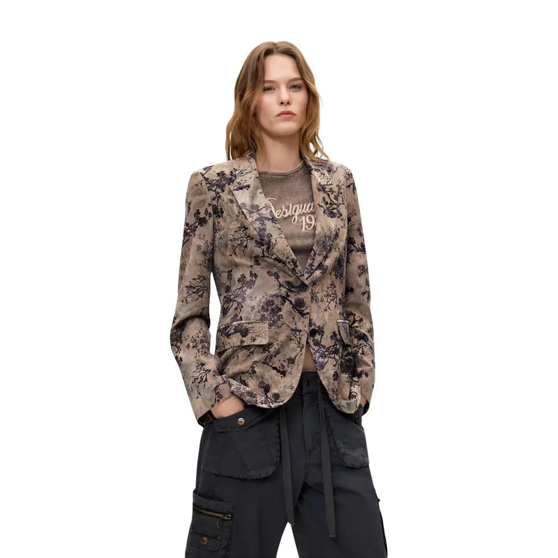 Desigual women floral beige polyester blazer with taupe and dark purple floral pattern and soft textured fabric
