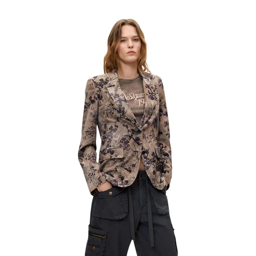 Desigual Damenblazer aus beigefarbenem Polyester mit floralem Muster in Taupe und Dunkelviolett aus weichem, strukturiertem Stoff
