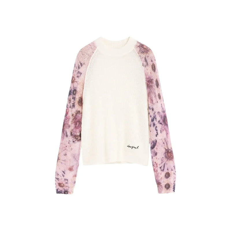 Desigual Damen-Strickpullover mit Blumenmuster in Cremefarbe aus Wollmischung, langen Ärmeln und zartem rosa-lila Blumenmuster