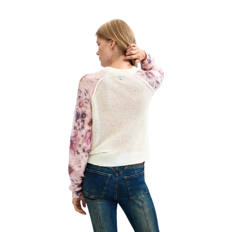 Desigual Damen-Strickpullover mit Blumenmuster in Off-White und Rosa mit Raglanärmeln und strukturiertem Strickmaterial aus Wollmischung