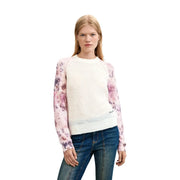 Desigual Damen-Strickpullover mit Blumenmuster in Creme mit rosa-lila geblümten Ärmeln aus weißem Wollmischgewebe