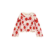 Ein kurzer, cremefarbener Strickpullover mit rot-rosa Blumenmuster und Muschelkanten aus beigefarbenem Baumwollmischgewebe von Desigual für Damen.