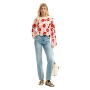 Desigual Damen-Strickwaren mit Blumenmuster, beigefarbene Baumwollmischung, rosa und rote Häkelarbeit top mit geschwungenen Ärmeln