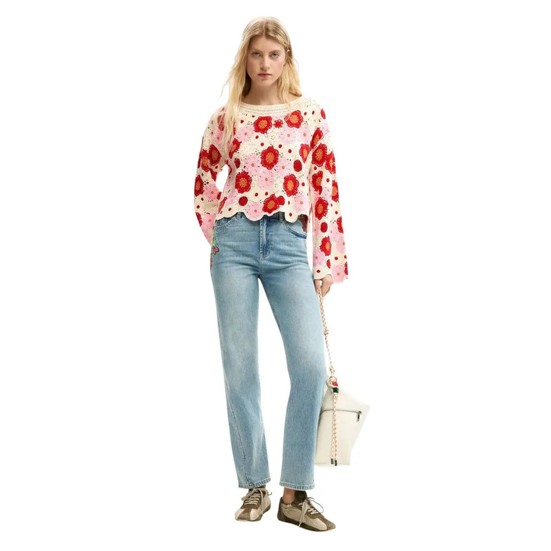 Desigual Damen-Strickwaren mit Blumenmuster, beigefarbene Baumwollmischung, rosa und rote Häkelarbeit top mit geschwungenen Ärmeln