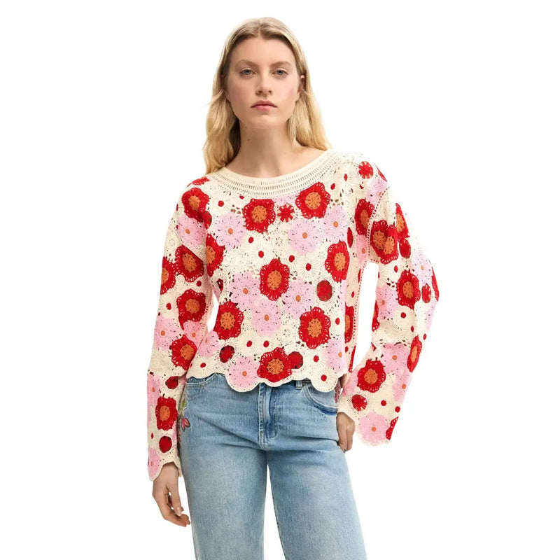 Desigual Damen-Strickpullover mit Blumenmuster, beigefarbener Baumwollmischpullover in Creme mit roten und rosafarbenen Blumenmotiven und orangefarbenen Akzenten