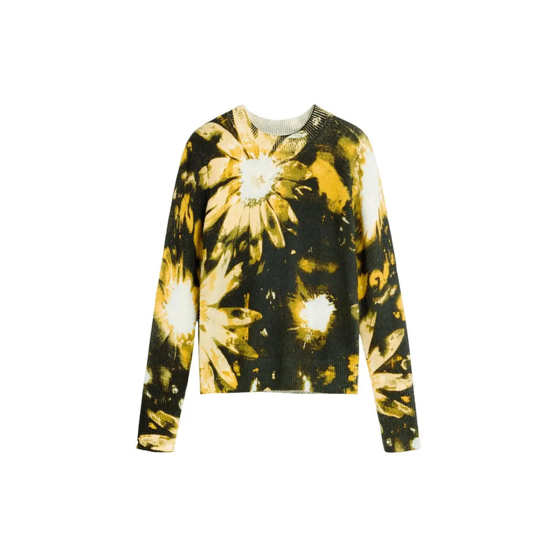 Desigual Damen-Strickpullover mit Blumenmuster, schwarz, Acrylmischung, Rundhalsausschnitt, schwarz-goldener Blumendruck
