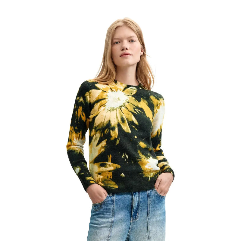 Desigual Damen-Strickpullover aus schwarzem Acrylmischgewebe mit floralem Muster, schwarz-gelbem Batikmuster und auffälligem Sonnenblumenmotiv