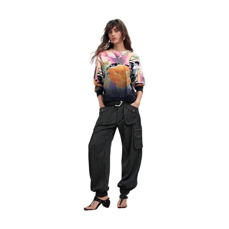 Desigual Damen-Sweatshirt mit floralem Strickmuster aus Kaschmir-Baumwolle, schwarz, langärmelig, mit auffälligem pink-orange-violettem Print