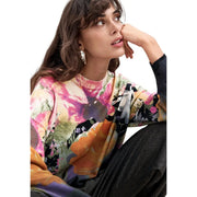Desigual Damen-Sweatshirt aus schwarzem Kaschmir-Baumwoll-Strickwaren mit leuchtend pink-orange-grünem Blumenmuster