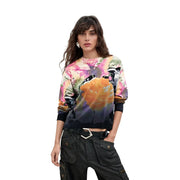 Desigual Damen-Sweatshirt mit floralem Strickmuster aus Kaschmir-Baumwolle, schwarz, langärmelig, mit leuchtendem pink-orange-violettem Print