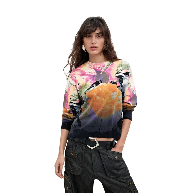 Desigual Damen-Sweatshirt mit floralem Strickmuster aus Kaschmir-Baumwolle, schwarz, langärmelig, mit leuchtendem pink-orange-violettem Print