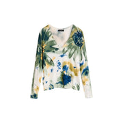 Desigual Damenbluse aus weißem Viskose-Strickstoff mit langen Ärmeln, V-Ausschnitt und floralem Aquarellmuster in Blau, Grün und Gelb