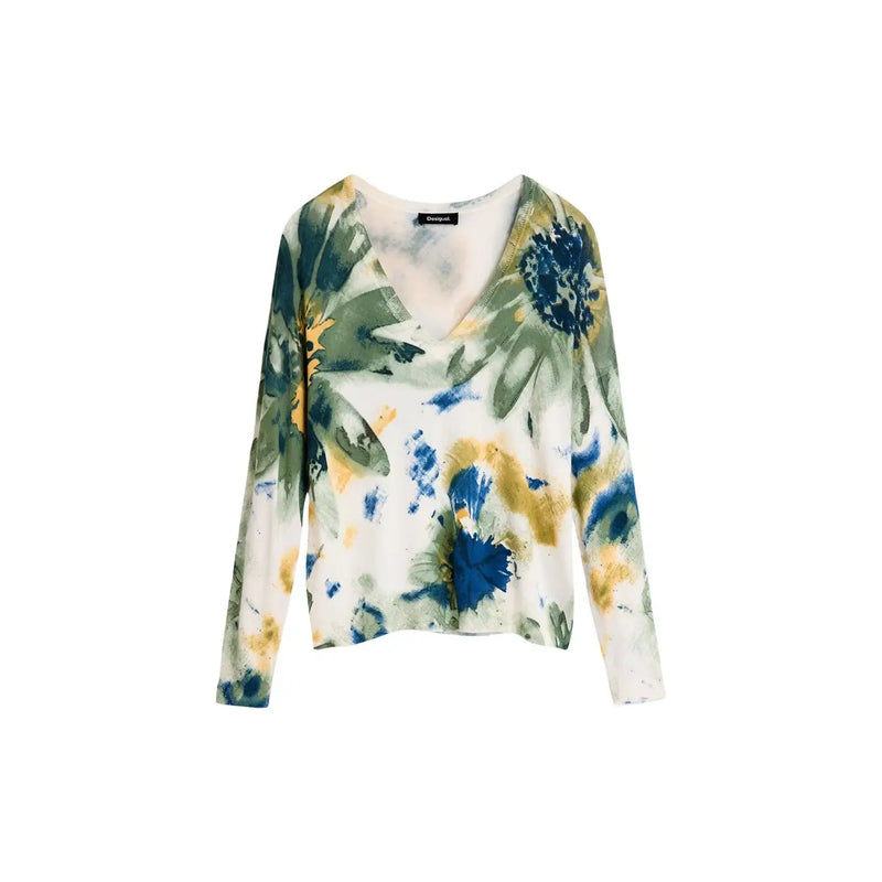 Desigual Damenbluse aus weißem Viskose-Strickstoff mit langen Ärmeln, V-Ausschnitt und floralem Aquarellmuster in Blau, Grün und Gelb