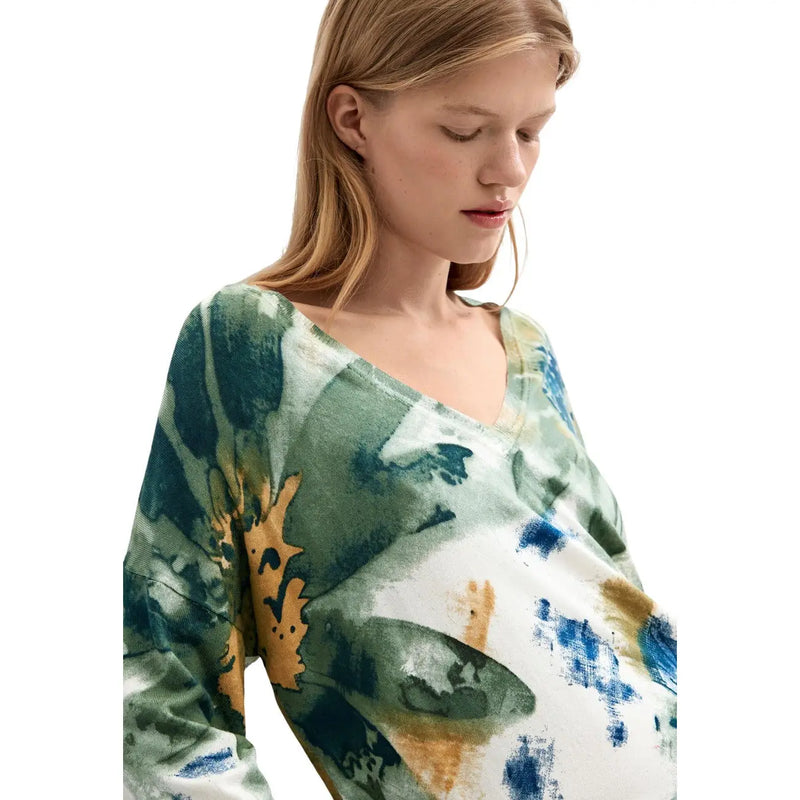 Desigual Damenbluse aus weißem Viskose-Strickstoff mit floralem Muster, fließenden langen Ärmeln und Aquarell-Grün-Blau-Ocker-Print