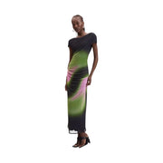 Desigual women green dress slim fit polyester elastane with asymmetrical midi design in black green and pink gradient