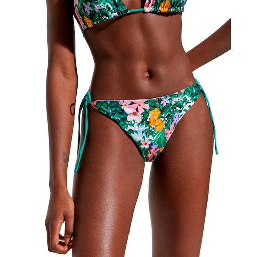 Desigual Damen-Bikinihose mit grünem Blumenmuster, lebhaftem Tropenprint und türkisfarbenen Seitenbändern auf dunkelgrünem Hintergrund
