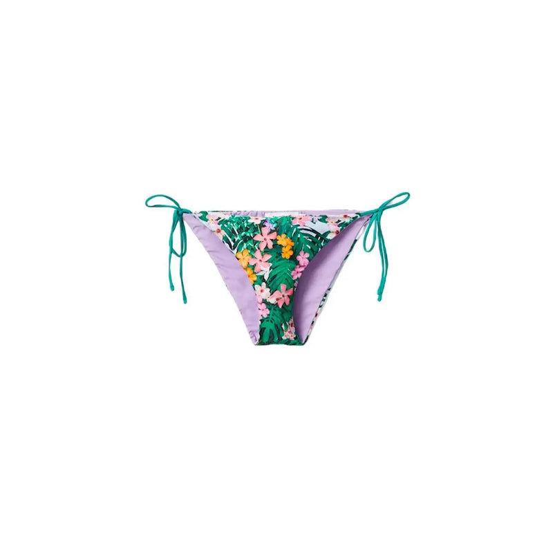 Desigual women green floral beachwear swimsuit bikini bottom with vibrant tropical print lavender lining and teal ties