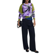 Women’s green floral long round neck knitwear with bold purple floral print