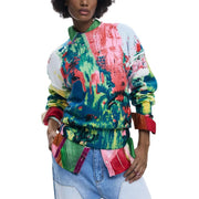 Desigual Damen-Pullover aus grünem Acrylmischgewebe mit lebhaftem, abstraktem Farbspritzermuster und umgeschlagenen Bündchen