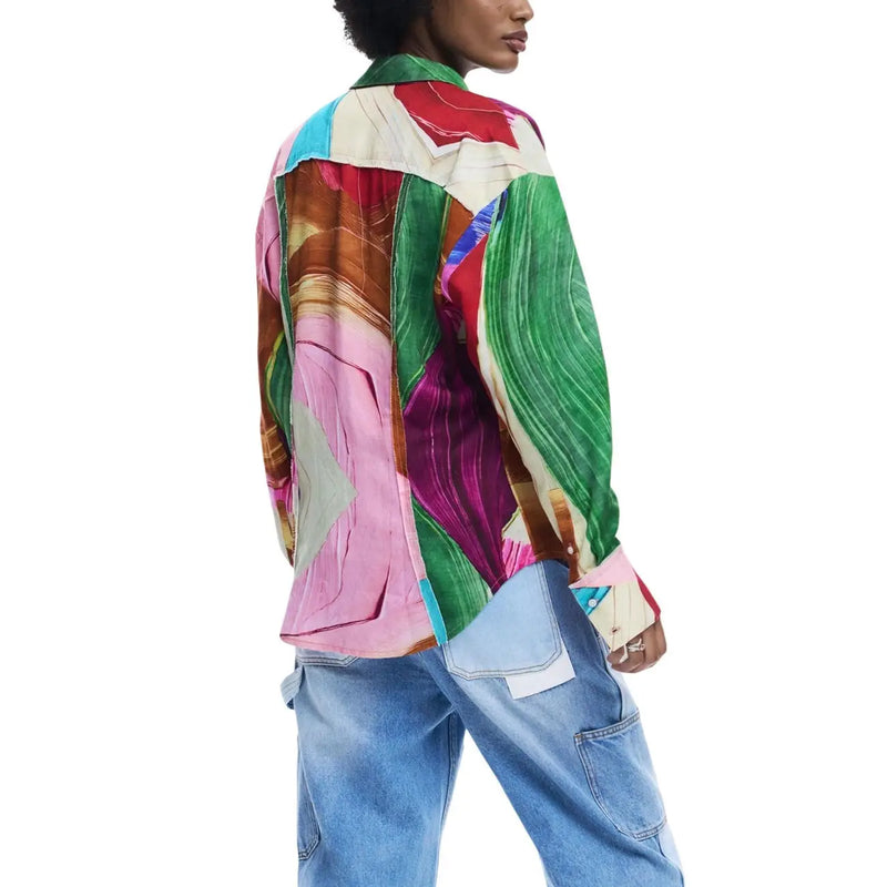 Desigual women green lyocell long classic shirt with vibrant patchwork and bold abstract patterns in pink red and beige