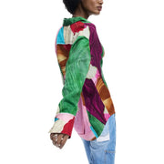 Desigual women green lyocell long classic shirt round neck with vibrant abstract patchwork in green magenta pink blue and earthy tones