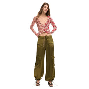 Desigual Damen-Cargohose aus grünem Polyester mit mehreren Taschen und Kordelzugbund für die Freizeit