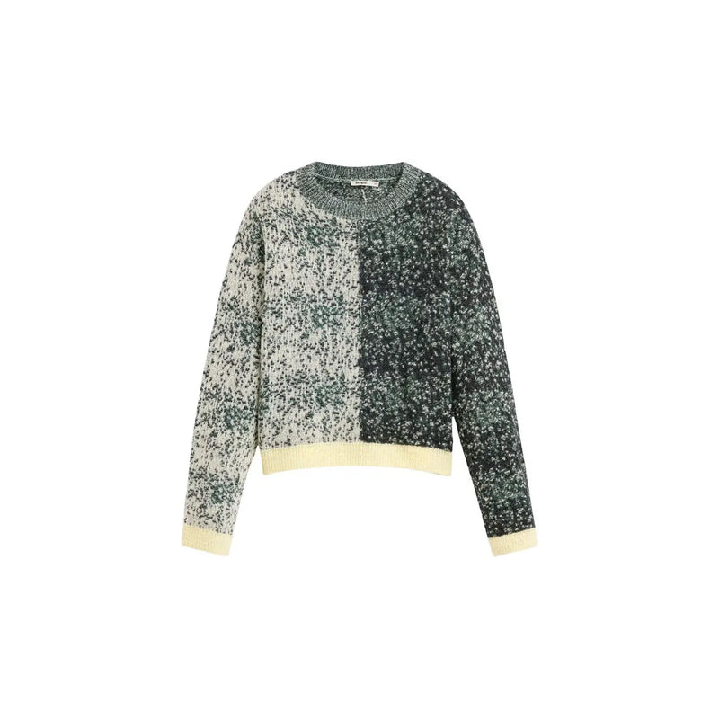 Desigual Damenpullover aus grünem Wollmischgewebe mit zweifarbigem Design in Creme und Dunkelgrün sowie hellgelben Bündchen
