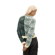 Desigual Damen-Pullover aus grünem Wollmischgewebe, kurz geschnitten, langärmlig, mit zweifarbigem Sprenkelmuster und cremefarbenen Bündchen