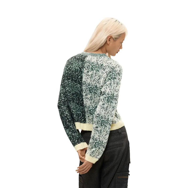 Desigual Damen-Pullover aus grünem Wollmischgewebe, kurz geschnitten, langärmlig, mit zweifarbigem Sprenkelmuster und cremefarbenen Bündchen