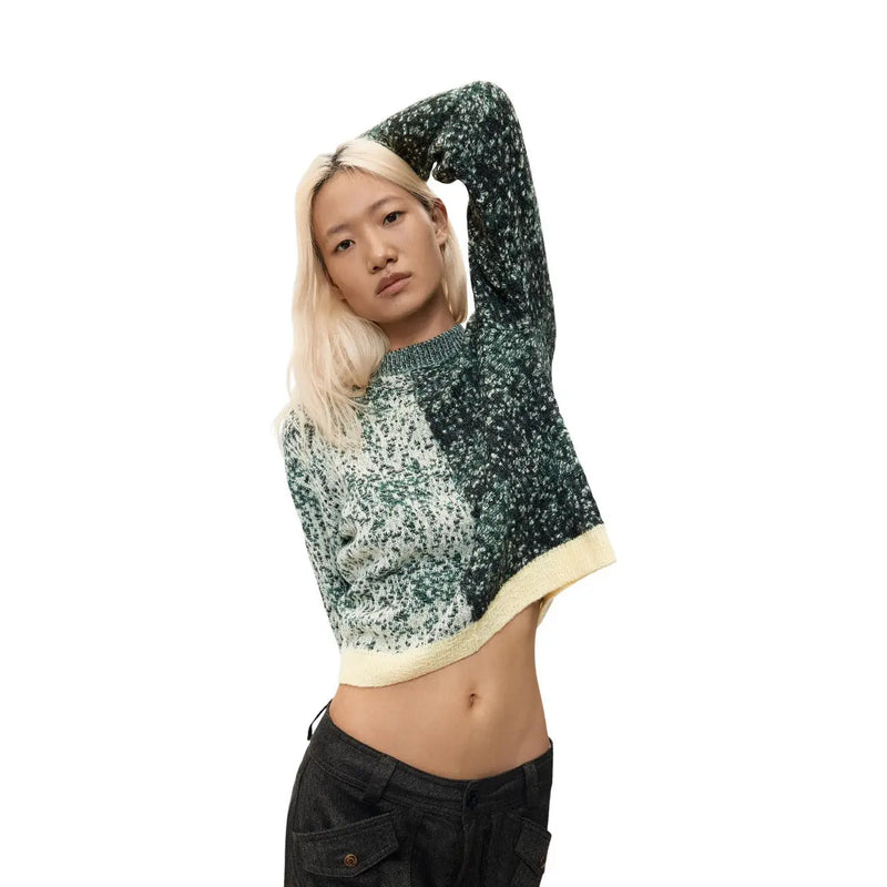 Grüner, kurzer Damenpullover von Desigual aus Wollmischung mit Stehkragen, gesprenkeltem Strickmuster und cremefarbenem Rippstrickbündchen.