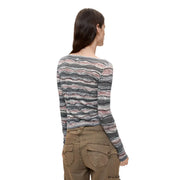 Desigual Damen-Strickpullover aus grauer Baumwolle mit U-Boot-Ausschnitt, langen Ärmeln und wellenförmigen horizontalen Streifen in Grau, Rosa und Weiß