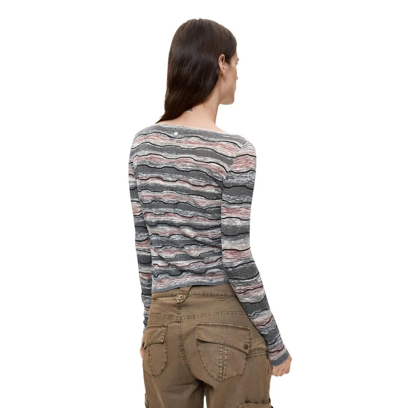 Desigual Damen-Strickpullover aus grauer Baumwolle mit U-Boot-Ausschnitt, langen Ärmeln und wellenförmigen horizontalen Streifen in Grau, Rosa und Weiß