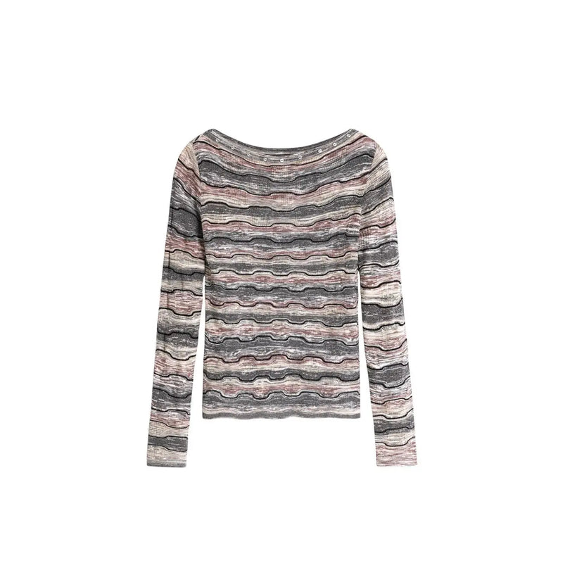 Desigual Damen-Strickpullover aus grauer Baumwolle mit U-Boot-Ausschnitt, langen Ärmeln und wellenförmigem, mehrfarbigem Muster in Grau, Rosa und Beige.