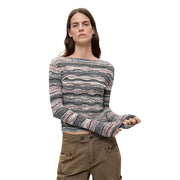 Desigual Damen grauer Baumwollstrickpullover mit U-Boot-Ausschnitt, kurzärmelig top mit gewellten grauen, rosa und weißen Streifen