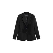Desigual women grey pinstripe blazer with lapel collar featuring black textured fabric and subtle vertical stripes