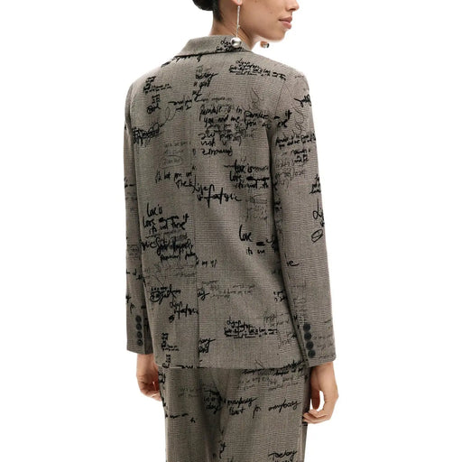 Desigual women grey houndstooth blazer with black handwritten script pattern buttoned front and pockets