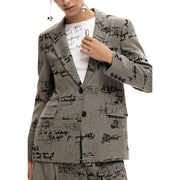 Desigual women grey plaid print button blazer with black handwritten script pattern and front pockets
