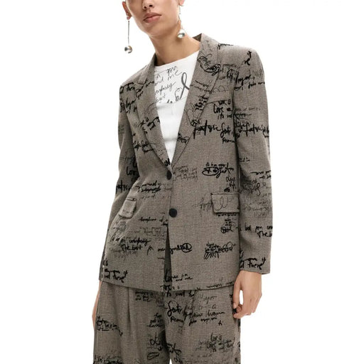 Desigual Damenblazer in Grau mit Print, Knöpfen, Taschen und Schriftzug