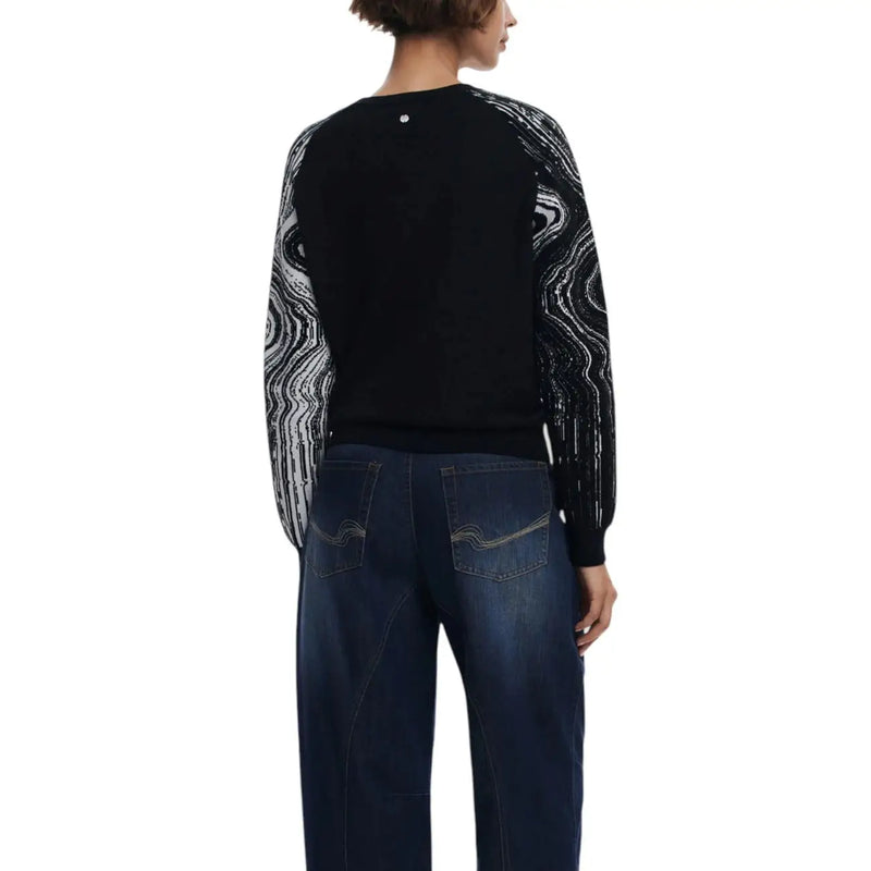 Desigual Damen-Strickpullover aus schwarzem Viskosemischgewebe mit aufwendigen silbernen Paillettenmustern an den Ärmeln