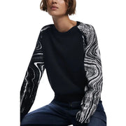 Desigual Damen-Strickpullover aus schwarzem Viskosemischgewebe mit schwarz-weißem Marmormuster und kontrastierenden Ärmeln