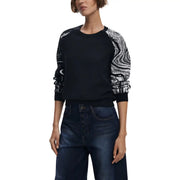 Desigual Damen-Strickpullover aus schwarzem Viskosemischgewebe mit aufwendigen weißen Wirbelmustern an Ärmeln und gerafften Bündchen