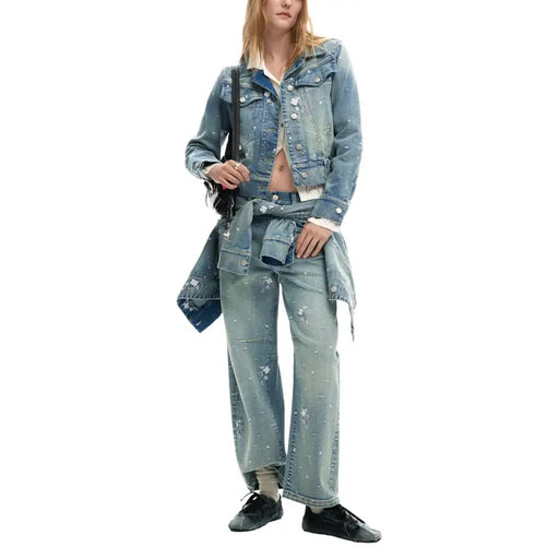 Desigual Damen-Jeansblazer in Hellblau mit kurzem Schnitt, Taschen und ausgefranstem Saum