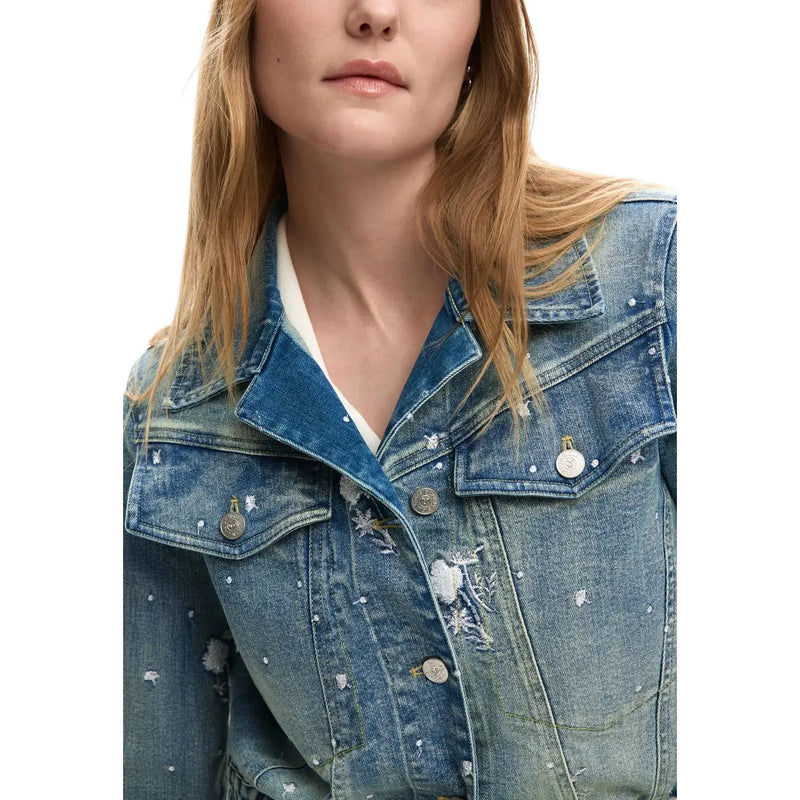 Desigual women light blue blazer in medium-wash denim with white floral embroidery and subtle distressing details
