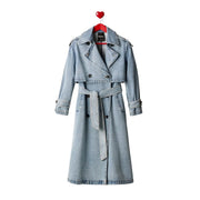 Desigual women light blue cotton denim trench coat with belted waist and classic double-breasted front
